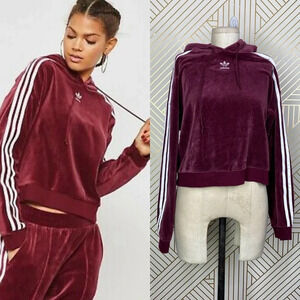 Adidas Originals Hoodie Sweatshirt Cropped‎ Velour Purple Red Size US Small